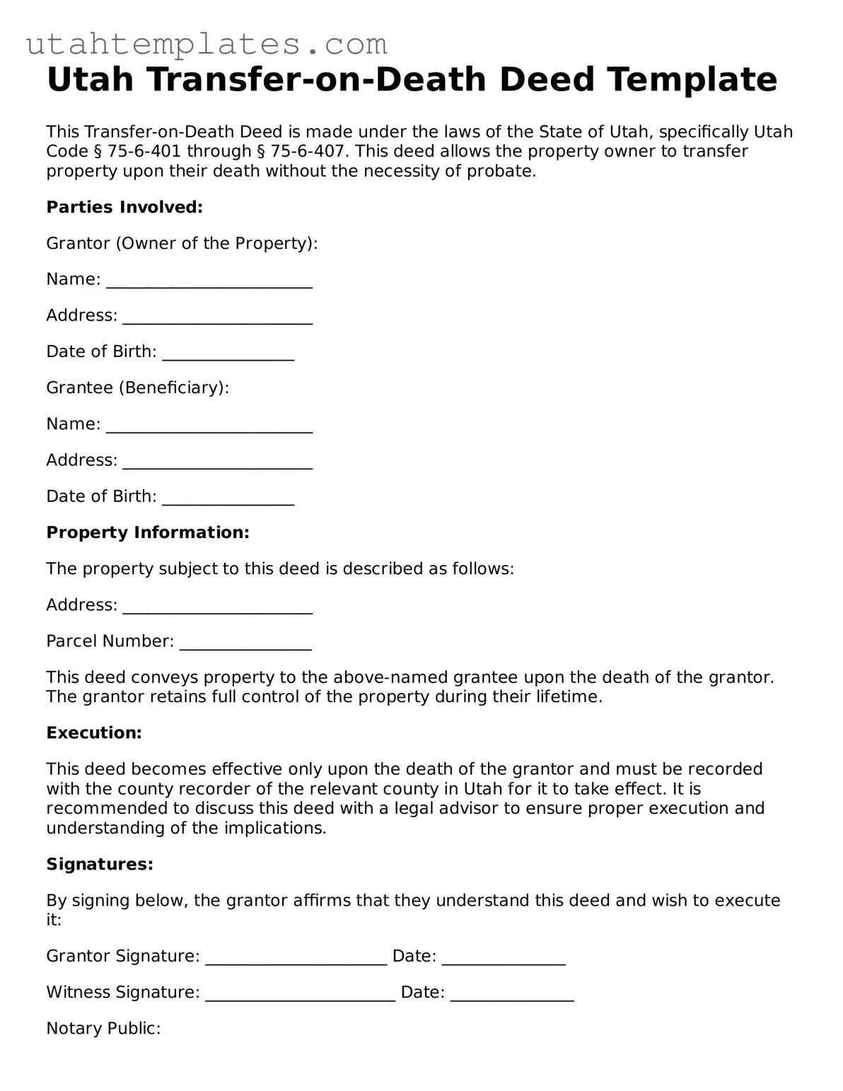 Free  Transfer-on-Death Deed Form for Utah