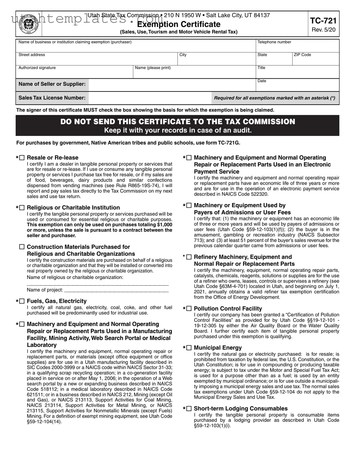 Blank Utah Tax Exemption Form