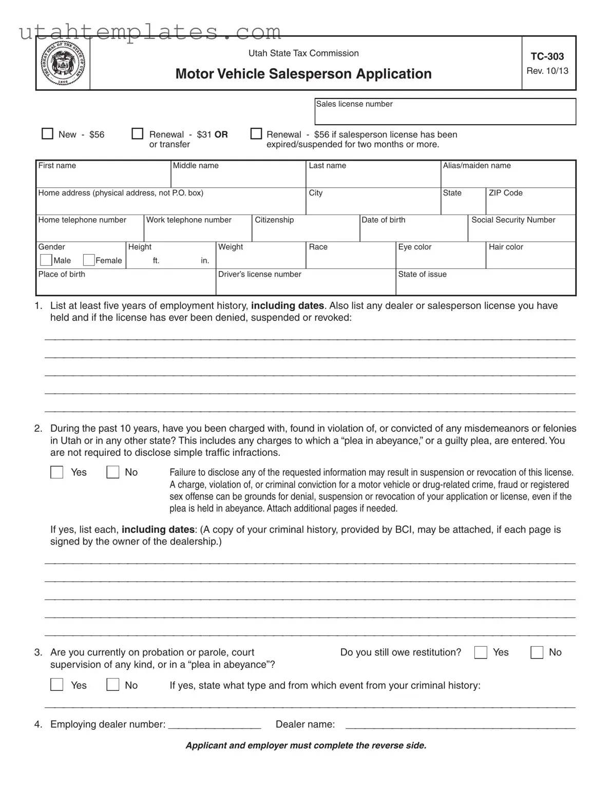 Blank Utah Tc 303 Form
