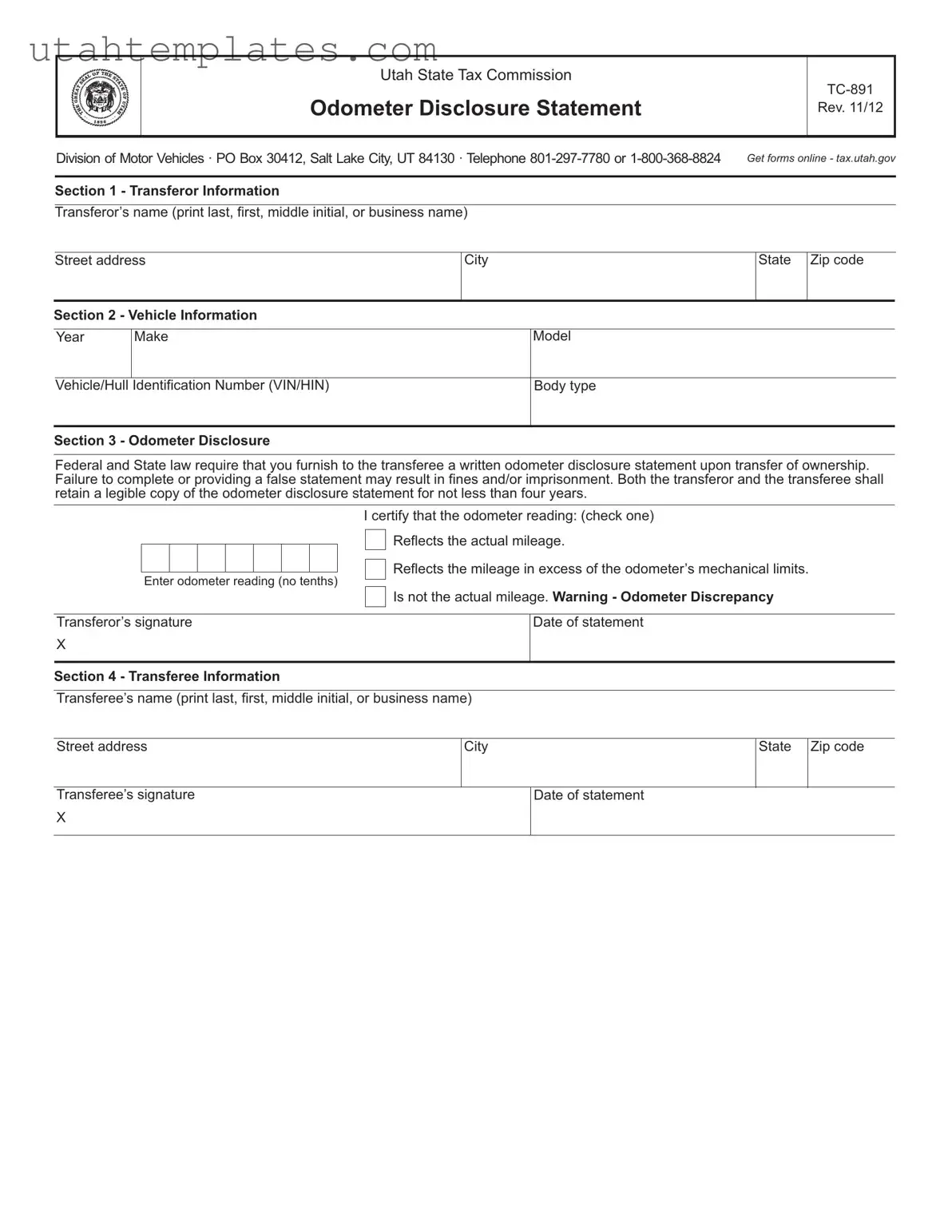 Blank Utah Tc 891 Form