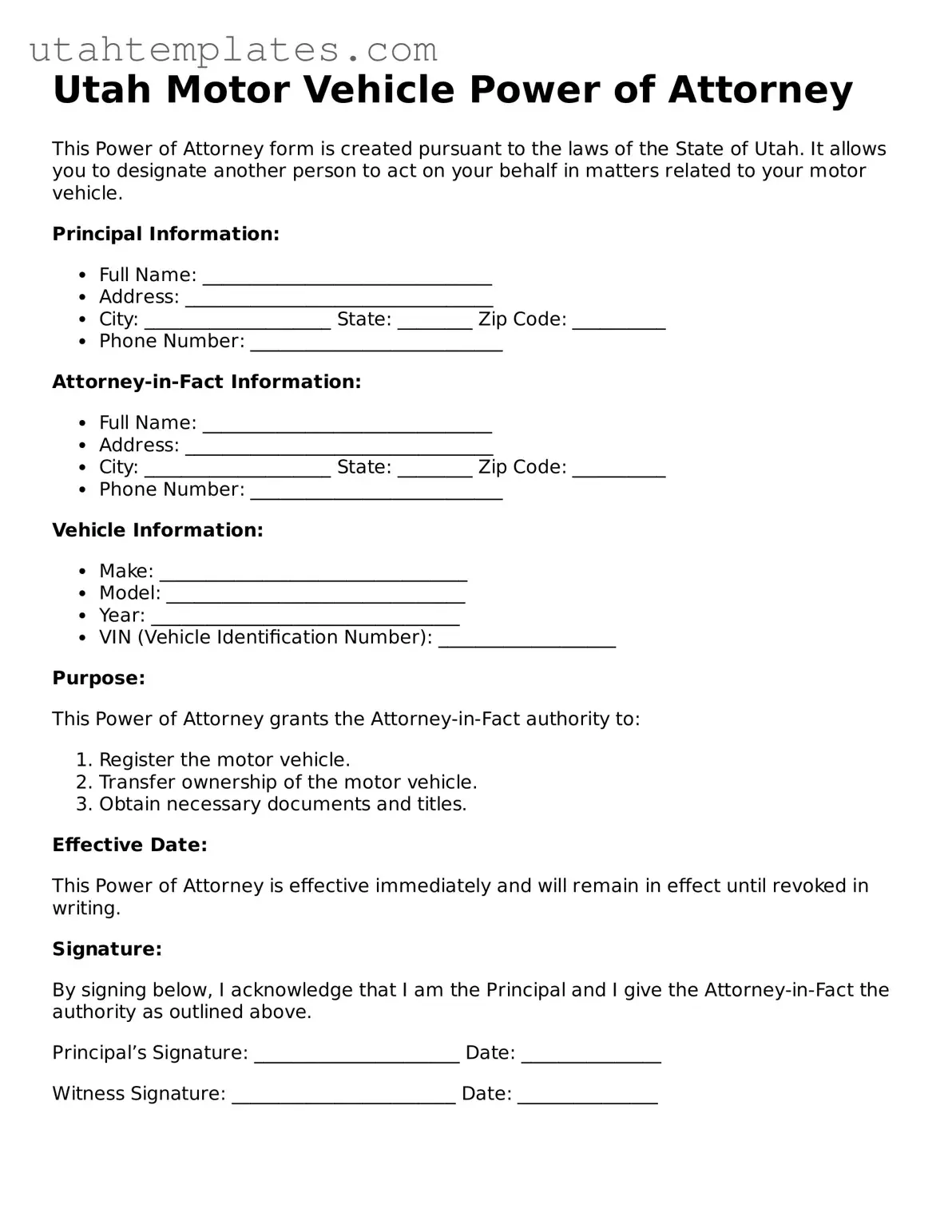 Free  Motor Vehicle Power of Attorney Form for Utah